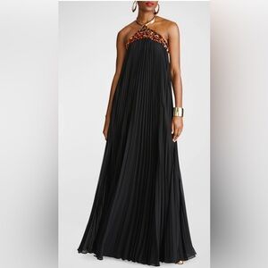 Halston Heritage Black Pleated Maxi Gown with Beaded Halter Neck